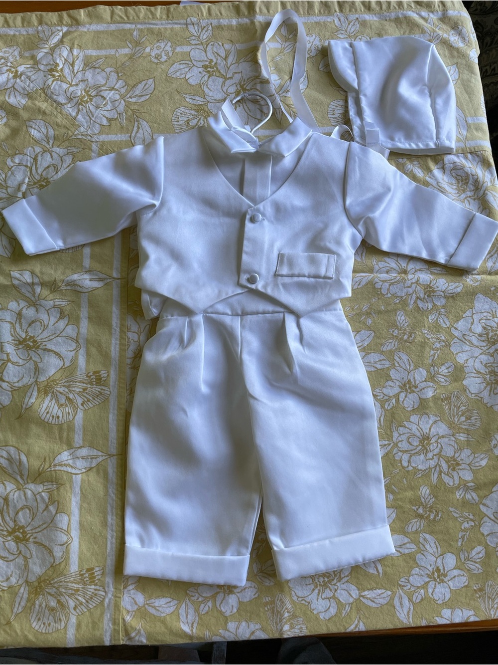 White Christening Baptism Suit with Cap Bonnet 3-4M